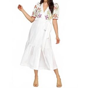 NEW RUBIENN floral embroidered puff sleeve midi dress in off-white